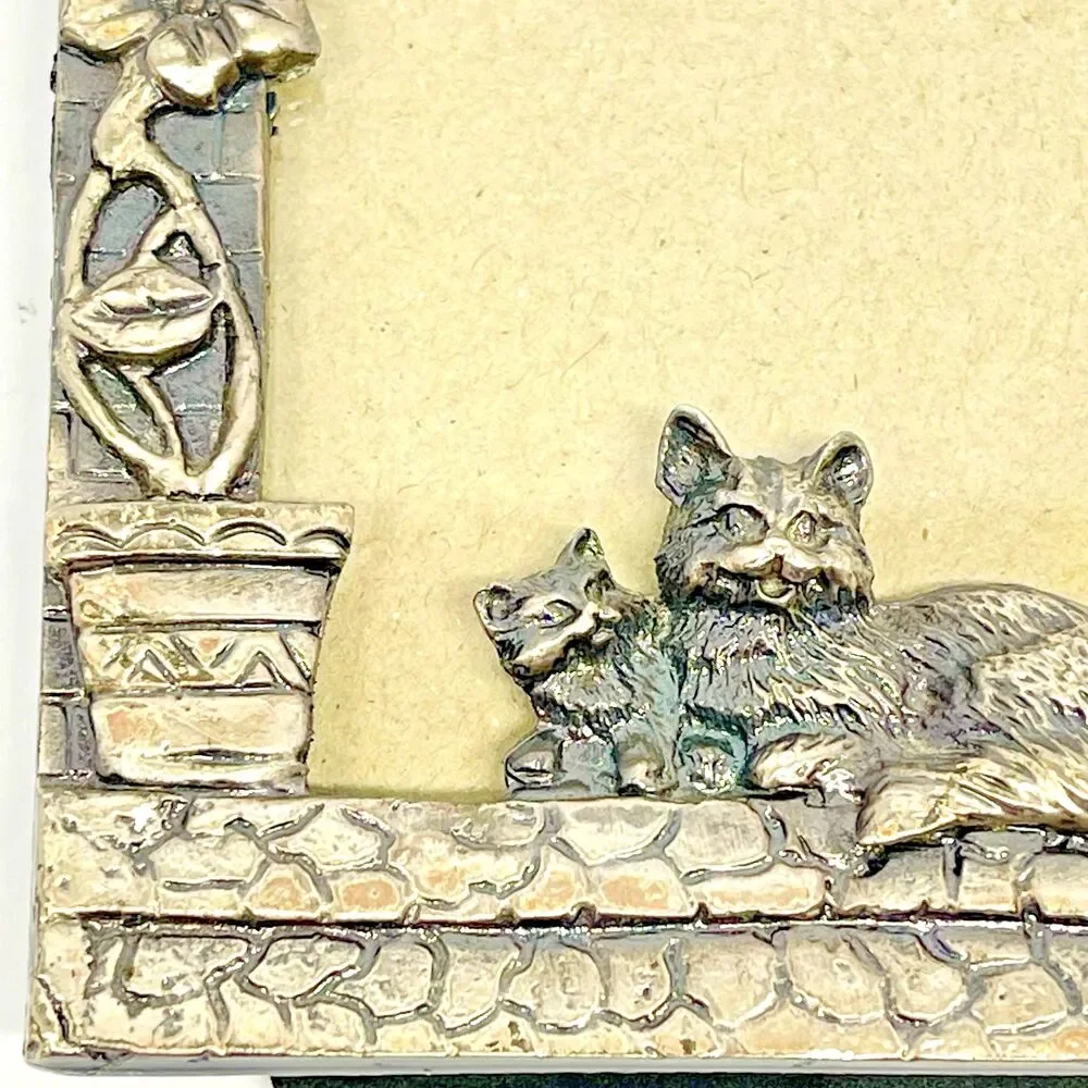 Vintage Pewter Cat & Kitten Picture Frame with Brick and Floral Design - 2.5x3.5